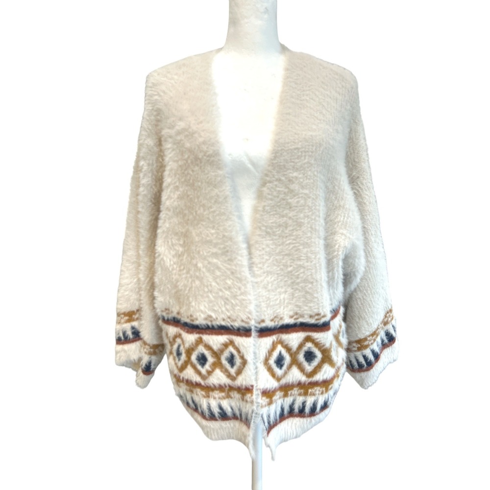 Sweet & Sinful Cream Fuzzy Eyelash Knit Southwestern Cardigan Sweater Womens M